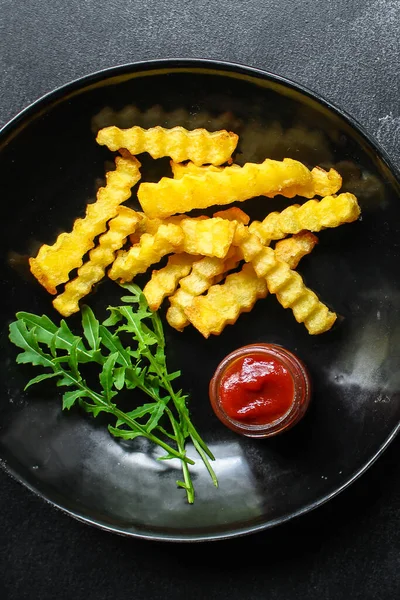 Fried Potato Chips Tomato Sauce Ketchup Black Stone Background Top — Stock Photo, Image