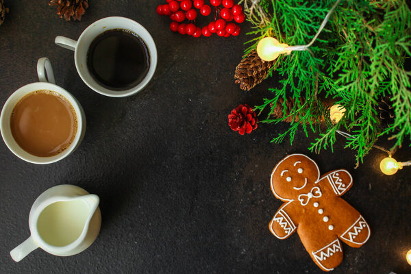 cups with tea and coffee, christmas background top view