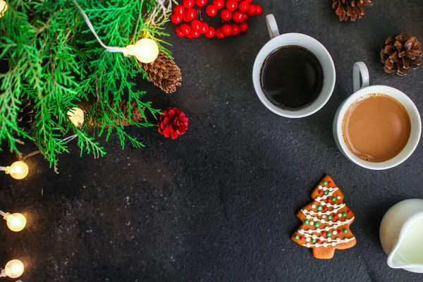 Tazas Con Café Vista Superior Fondo Navidad — Foto de Stock