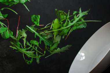 Siyah arka planda taze ıspanak ve fesleğen yaprakları