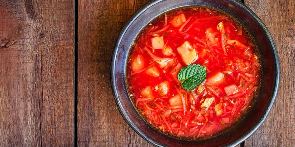 Rote Tomatensuppe Borscht Frischer Erster Gang Bouillon Fleisch Und Gemüse — Stockfoto
