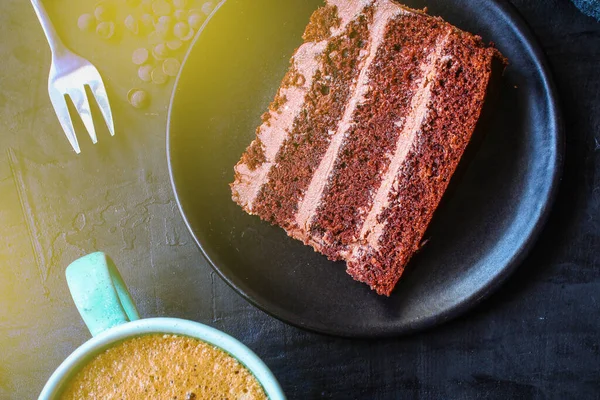 Pedazo Pastel Chocolate Con Taza Café — Foto de Stock