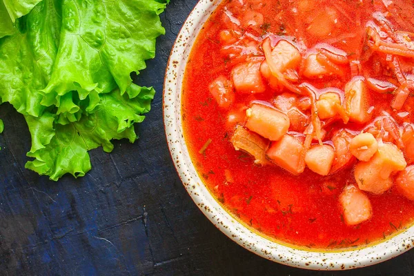 Sup Tomat Merah Borscht Segar Hidangan Pertama Kaldu Daging Dan — Stok Foto