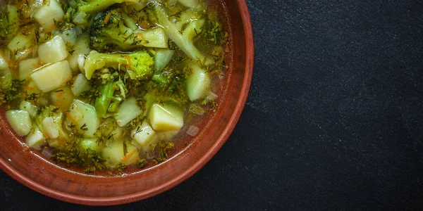 Bovenaanzicht Groentesoep Met Broccoli Aardappel — Stockfoto