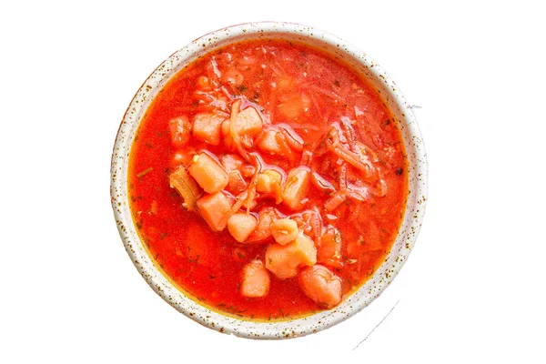 Zuppa Pomodoro Rosso Borscht Fresco Primo Piatto Brodo Carne Verdura — Foto Stock