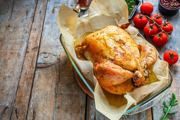 Ganze Gebratene Hühnchen Draufsicht — Stockfoto