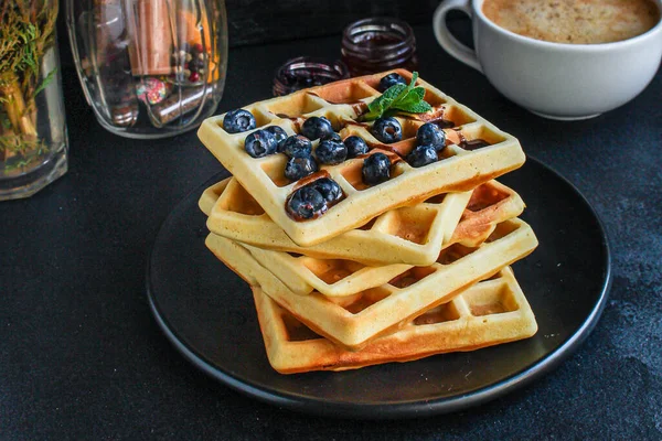 Belgium Waffles Blueberries Mint Leaves — Stock Photo, Image