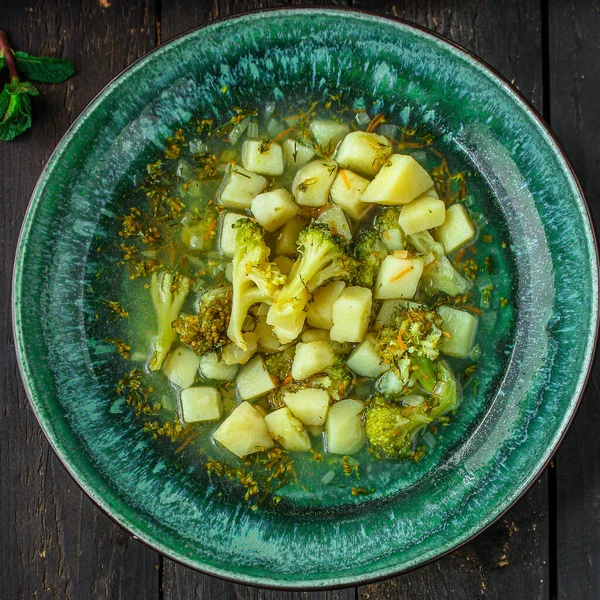 Bovenaanzicht Groentesoep Met Broccoli Aardappel — Stockfoto