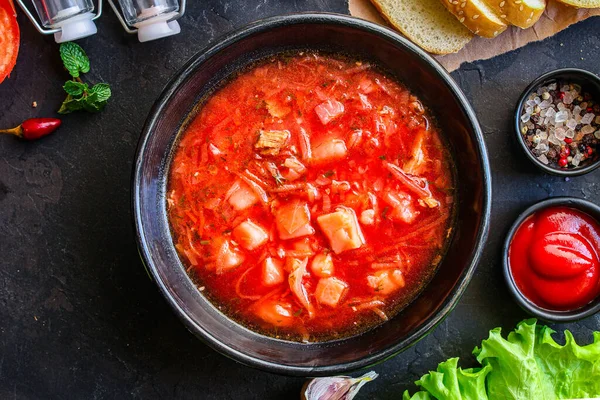 Piros Paradicsom Leves Borscht Friss Első Fogás Bouillon Hús Zöldségek — Stock Fotó