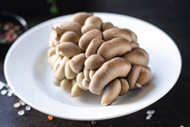 İstiridye mantarları, çiğ mantarlar, abur cubur diyet vegan ya da vejetaryen yiyecekler. üst görünüm keto veya paleo diyeti