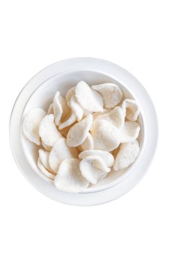 tapyoka cipsleri, pilav unu, yemek fotokopisi, uzay yemeği arka plan kırsal. Üst düzey diyet vejetaryen veya vejetaryen yemekleri