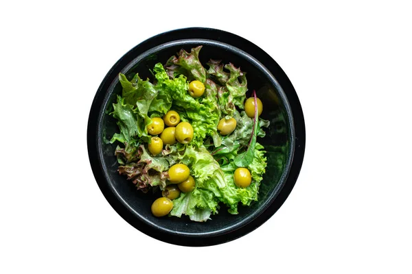 Salada Com Arugula Azeitonas Verdes Alface Prato — Fotografia de Stock