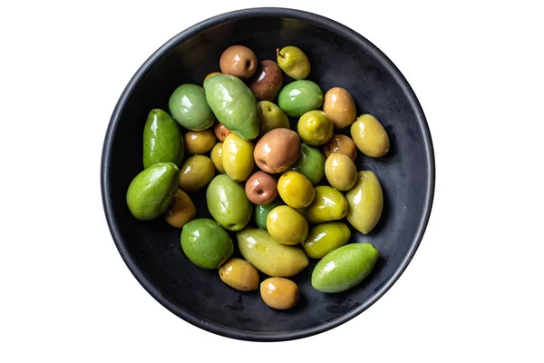 Green Olives Bowl Stone Background Top View — Stock Photo, Image