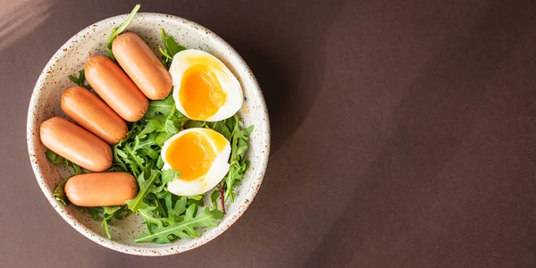 Sausages Salad Eggs Leaves Green Lettuce Mix Fresh Healthy Appetizer — Stock Photo, Image