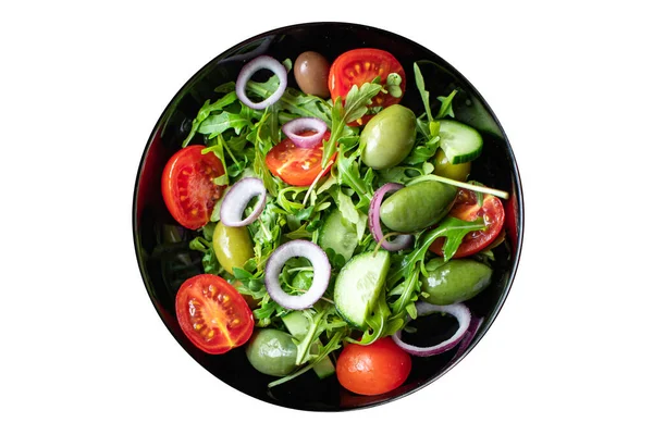 新鲜沙拉 配上牛油果 西红柿 洋葱和橄榄 健康食品 — 图库照片