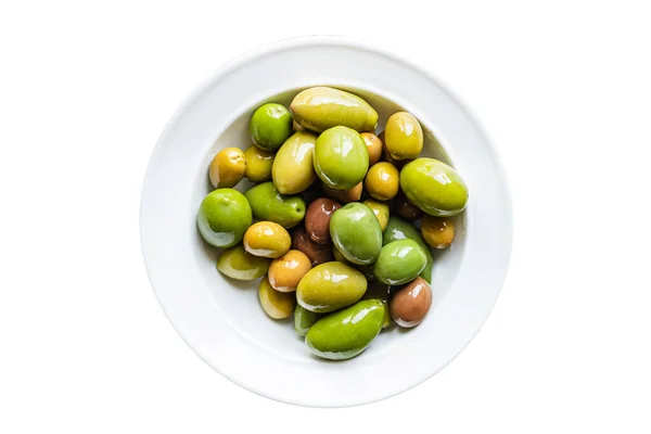 Olives Vertes Dans Bol Sur Fond Pierre Vue Dessus — Photo