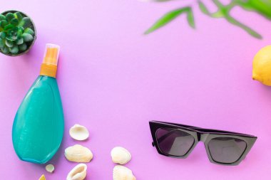 Yaz tatili plaj havası tropikal yaprak seyahat aksesuarları okyanus denizi, güneş kremi şişesi güneş gözlüğü, deniz kabuğu, limon manzarası.