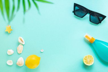 Yaz tatili plaj havası tropikal yaprak seyahat aksesuarları okyanus denizi, güneş kremi şişesi güneş gözlüğü, deniz kabuğu, limon manzarası.
