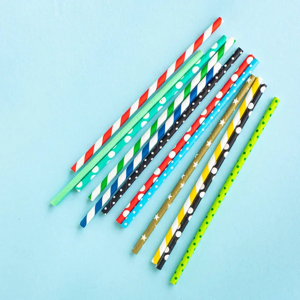 Paper Straws Multicolored Striped Dotted Straws Scattered Flat Lay Useful — Foto de Stock