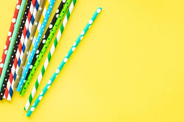 Paper Straws Multicolored Striped Dotted Straws Scattered Flat Lay Useful — Foto de Stock