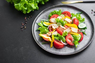 Sebze salatası ve tavuk eti sebzeler taze domates, salatalık, biberli organik yemekler sağlıklı yiyecek atıştırmalıkları, arka plan fotokopisi. en üstteki görünüm