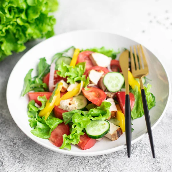 野菜サラダと鶏肉野菜新鮮なトマト キュウリ テーブルの上にコショウ有機料理健康的な食事スナックコピースペースフード背景素朴な トップビュー — ストック写真
