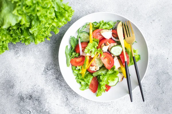 Ensalada Verduras Carne Pollo Verduras Tomate Fresco Pepino Pimienta Plato — Foto de Stock