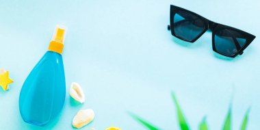 Yaz tatili plaj havası tropikal yaprak seyahat aksesuarları okyanus denizi, güneş kremi şişesi güneş gözlüğü, deniz kabuğu, limon manzarası.