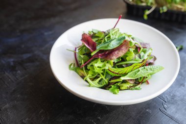 Masanın üzerinde taze yeşil salata yaprakları sağlıklı yemek atıştırmalıkları arka plan kırsalının fotokopisi. Top view keto ya da paleo diyet vejetaryen ya da vejetaryen yemekleri