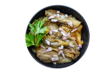 Patlıcan salatası, sebze turşusu, sağlıklı yemek, fotokopi, arka plan kırsal. Vejetaryen ya da vejetaryen yemekleri. 