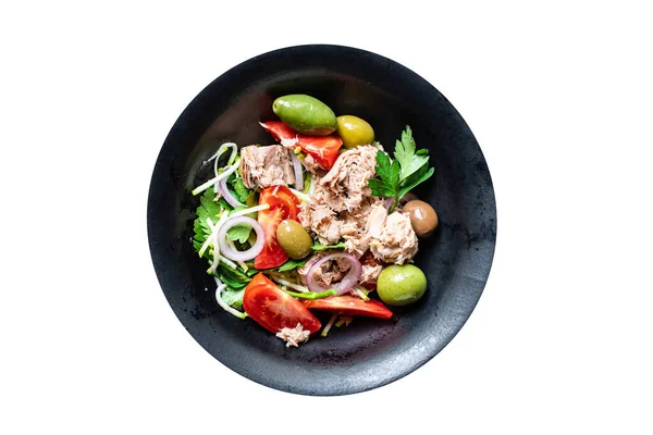 Tomat Salad Tuna Bawang Rempah Rempah Zaitun Makanan Laut Ikan — Stok Foto