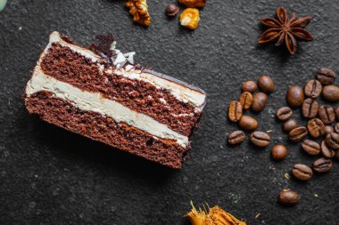 Çikolatalı kek, çikolatalı ganache, tatlı tatlı, tatil, atıştırmalık şeyler, fotokopi, arka plan kırsal. en üstteki görünüm