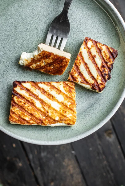 Grillad Ost Halloumi Stekt Måltid Mellanmål Kopia Utrymme Mat Bakgrund — Stockfoto