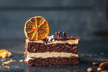 Çikolatalı kek, fındık, kahve, baharat, bal, ganache tatlı tatlı tatlı bayram yemeği atıştırmalığı fotokopi uzay yemeği arka plan kırsal