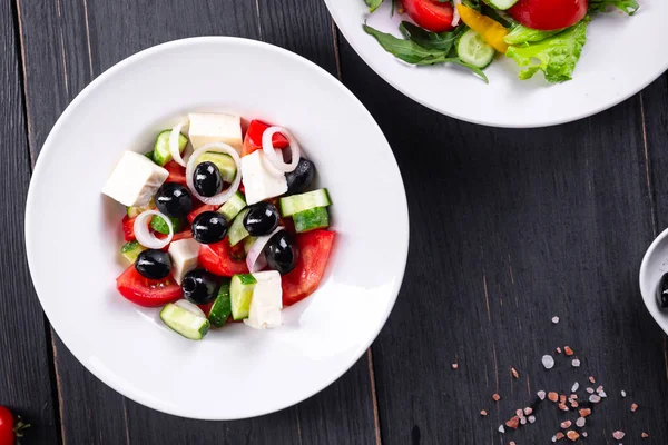 Greek Salad Feta Olives Vegetables Tomato Meat Food Organic Product — Stock Photo, Image