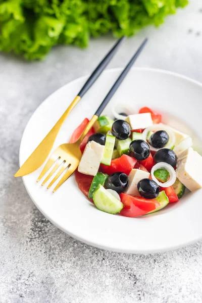 Griechischer Salat Feta Oliven Gemüse Tomaten Ohne Fleisch Lebensmittel Bioprodukt — Stockfoto