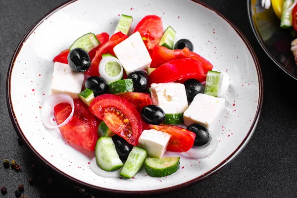 Griechischer Salat Feta Oliven Gemüse Tomaten Ohne Fleisch Lebensmittel Bioprodukt — Stockfoto