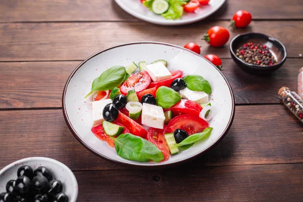 Griechischer Salat Feta Oliven Gemüse Tomaten Ohne Fleisch Lebensmittel Bioprodukt — Stockfoto