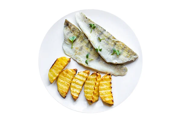 Pesce Patate Fritte Secondo Piatto Luccio Persico Pesce Fresco Frutti — Foto Stock