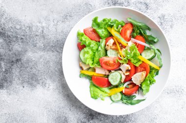 Salata taze sebze, marul, domates, salatalık, soğan, biberli açık hava atıştırmalığı, masa başı yemek arka planının sade kopyası. Top view keto ya da paleo diyet vejetaryen ya da vejetaryen yemekleri