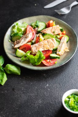 Taze salata, tavuk, göğüs, domates, salatalık, diyet salatalık, vitamin, atıştırmalık yiyecekler, arka plandaki yemek kırsalında. Üst görünüm keto veya paleo diyet vejetaryen 