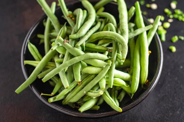 Fagiolini Freschi Fagiolo Raccolto Fresco Farina Biologica Spuntino Sulla Tavola — Foto Stock