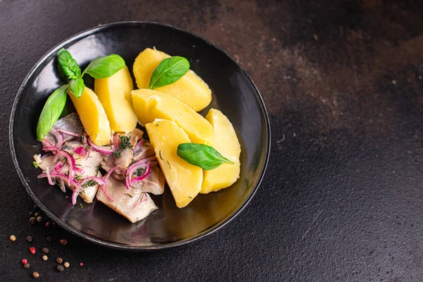 Śledź Ziemniaki Marynowane Ryby Cebulą Świeża Porcja Gotowy Jedzenia Posiłek — Zdjęcie stockowe