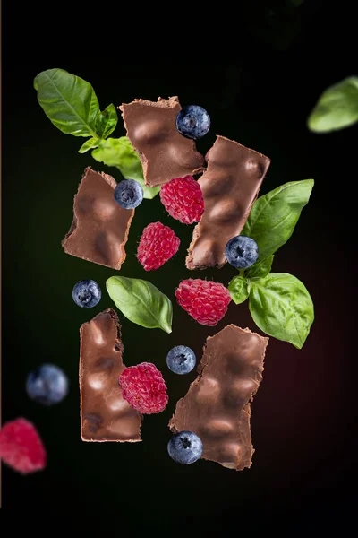 Chocolate Bar Doce Sobremesa Noz Manjericão Framboesa Blueberry Refeição Lanche — Fotografia de Stock