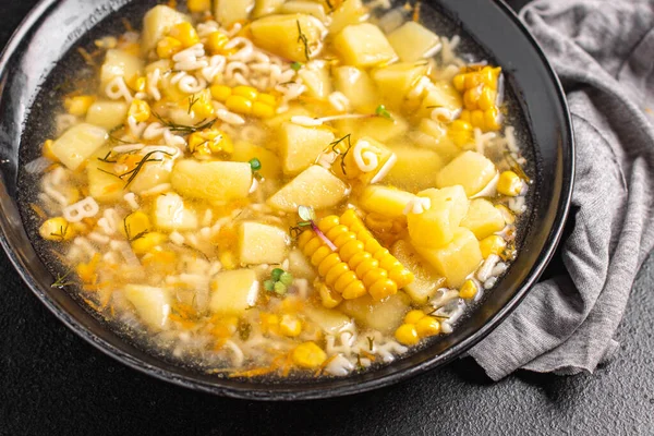 Soupe Maïs Végétarien Premier Plat Pommes Terre Légumes Alphabet Des — Photo