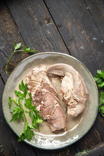 Língua Porco Cozido Carne Fervida Porção Fresca Pronta Para Comer — Fotografia de Stock