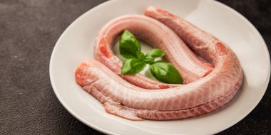 Çiğ kaya yılanbalığı balığı balığı, somon balığı, deniz ürünleri, küçük benekli kedi balığı, lezzetli çerez, lezzetli gurme yemek arka planı, masanın kırsal kesiminde, fotokopi alanı, pesseeter diyeti.