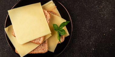 Sandviç, peynir, atıştırmalık taze lezzetli gurme yemek arkaplanı, masanın kırsal kesiminde fotokopi alanı.