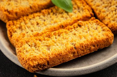 Toast bread grilletine breadcrumbs natural product tasty snack fresh delicious gourmet food background on the table rustic top view copy space