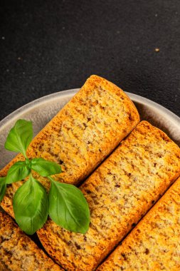 Toast bread grilletine breadcrumbs natural product tasty snack fresh delicious gourmet food background on the table rustic top view copy space